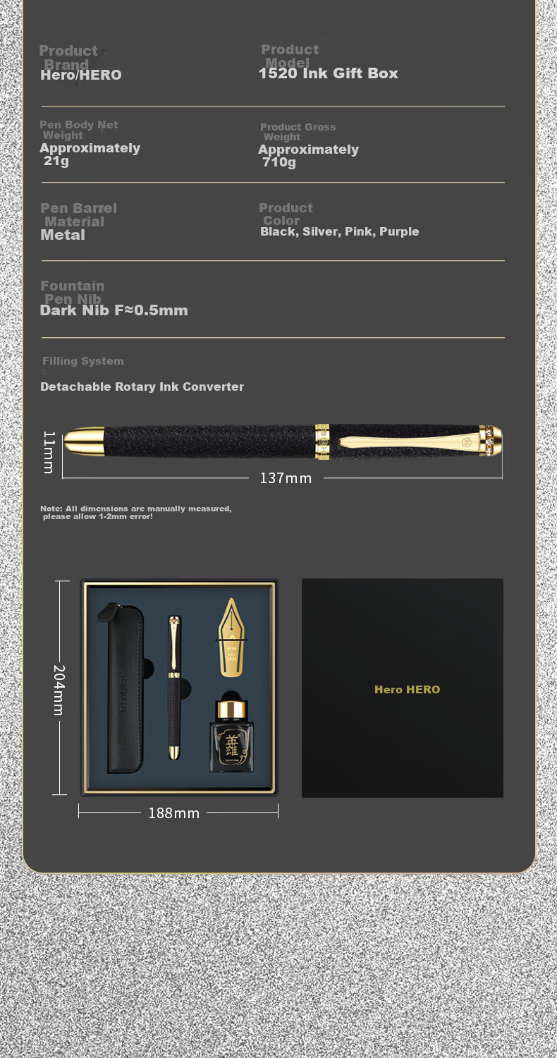 HERO Graduation Gift Luxury Fountain Pen Gift Box Set for Men and Women Adult Calligraphy Birthday Business Present 1520 Four-Piece Set Velvet Matte Black 8