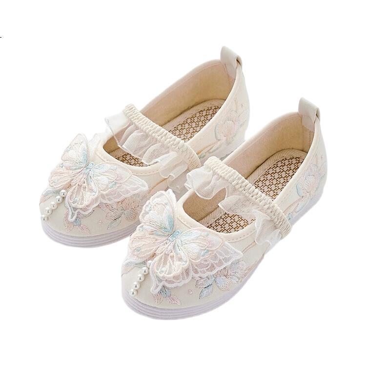 Qibao Girls Hanfu Shoes Traditional Embroidered Butterfly Flats White Size 30 Insole Length 18.2cm