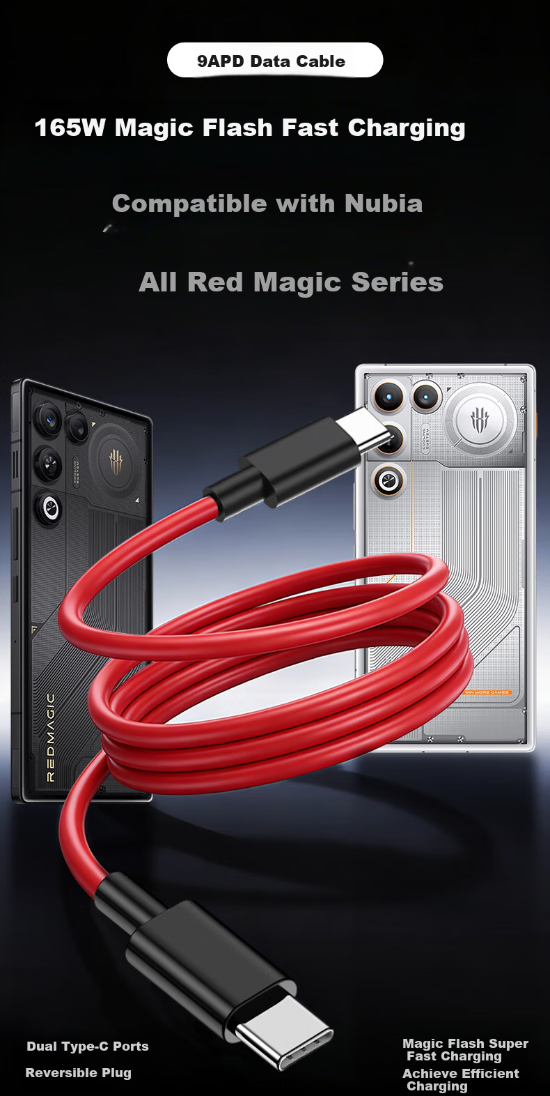 Yingqian Compatible Nubia Red Magic Data Cable Charging Cable 165W/135W/120W Fast Charging for 11/10/9/8/9S Pro+/Z70/Z60/Z50 Ultra/Pro 1