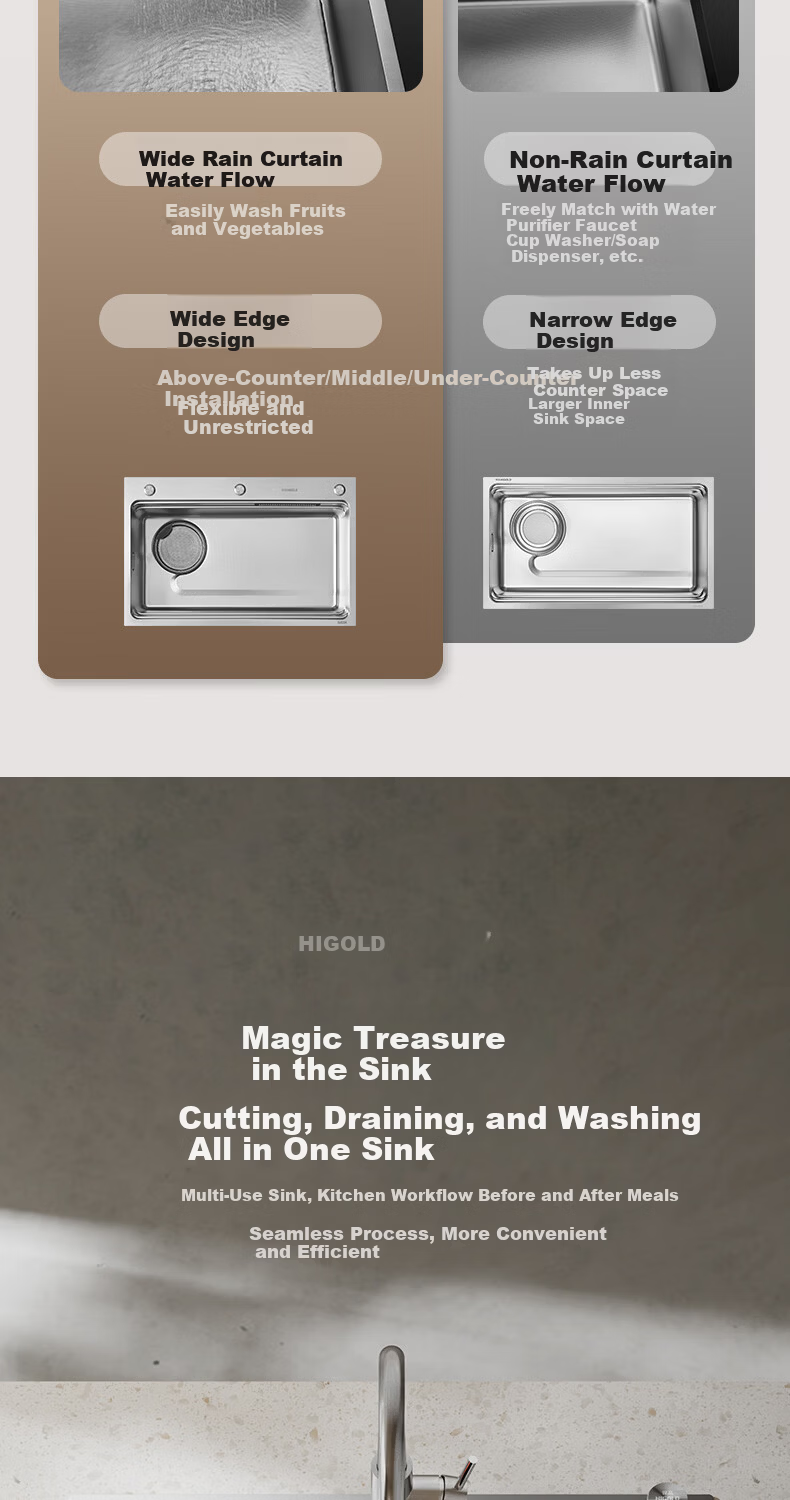 HIGOLD Kitchen Sink Stepped 304 Stainless Steel Left Drain Large Single Bowl 770*440mm Undermount Sink 2