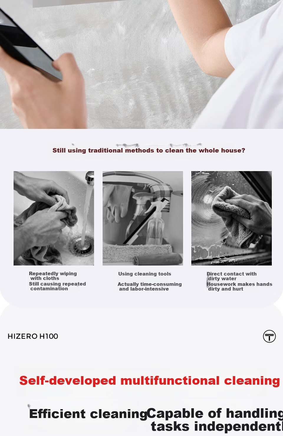 HIZERO H100 Handheld Electronic Cleaning Cloth Machine Multi-Functional Cleaner Automatic Washing Zero Suction Dust-Free Silent Home Window Cleaning Machine 6