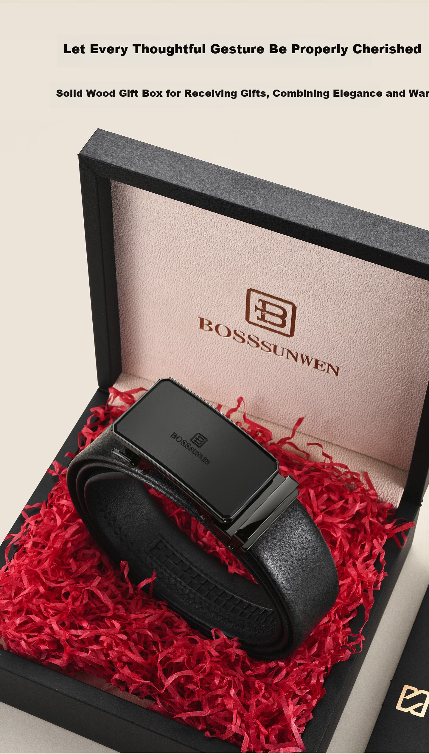 BOSSSUNWEN Men's Genuine Leather Belt Automatic Buckle Gift for Husband and Dad with Wooden Gift Box 7