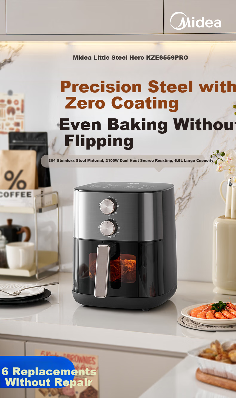 Midea Air Fryer Stainless Steel 0-Coating 2026 New Model【Price Guarantee 618】6.5L Large Capacity Home Air Fryer Steam Oven Combo Metal Interior KZE6559PRO 4