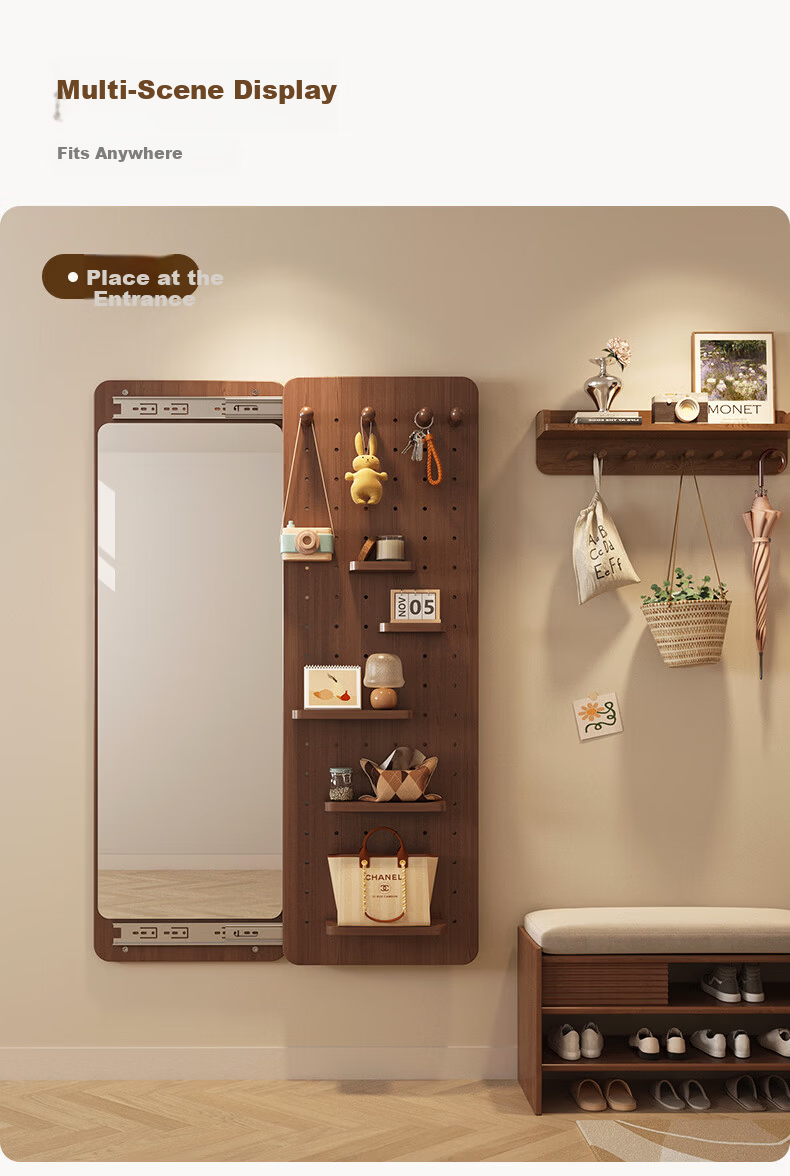 Qiyinge Solid Wood Pegboard Dressing Mirror Integrated Hidden Sliding Concealed Entryway Wall-Mounted Home Fitting Mirror 3
