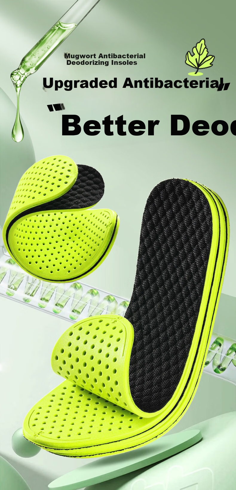 Footprint Tribe 2 Pairs Mugwort Odor-Resistant Insoles for Men Sweat-Absorbing Breathable Antibacterial Thin Deodorizing 3940 1