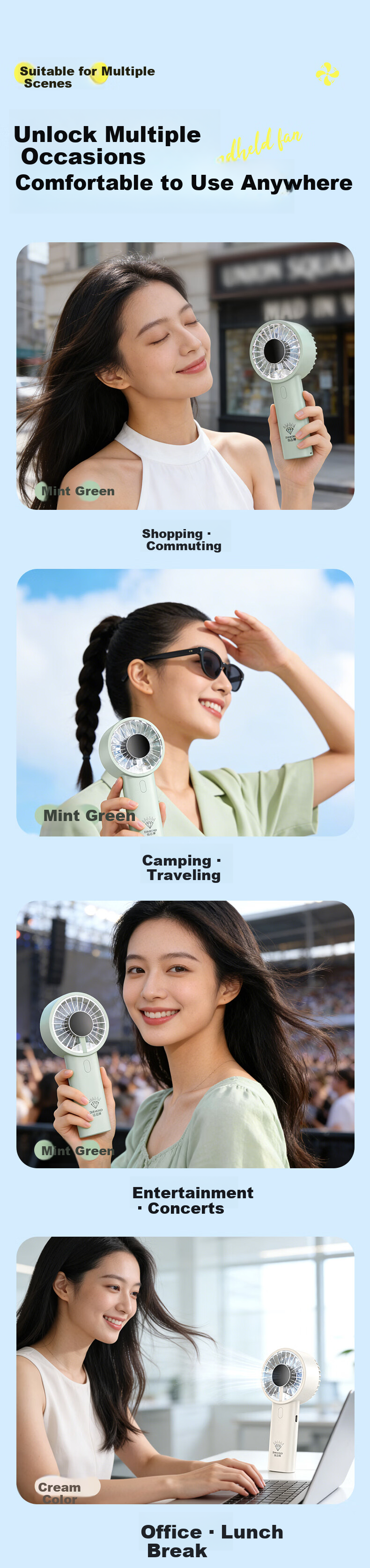 Diamond Brand Handheld Mini Fan High-Speed Energy-Saving Portable Rechargeable Quiet Powerful Outdoor Personal Fan for Students Dormitory Back to School 11