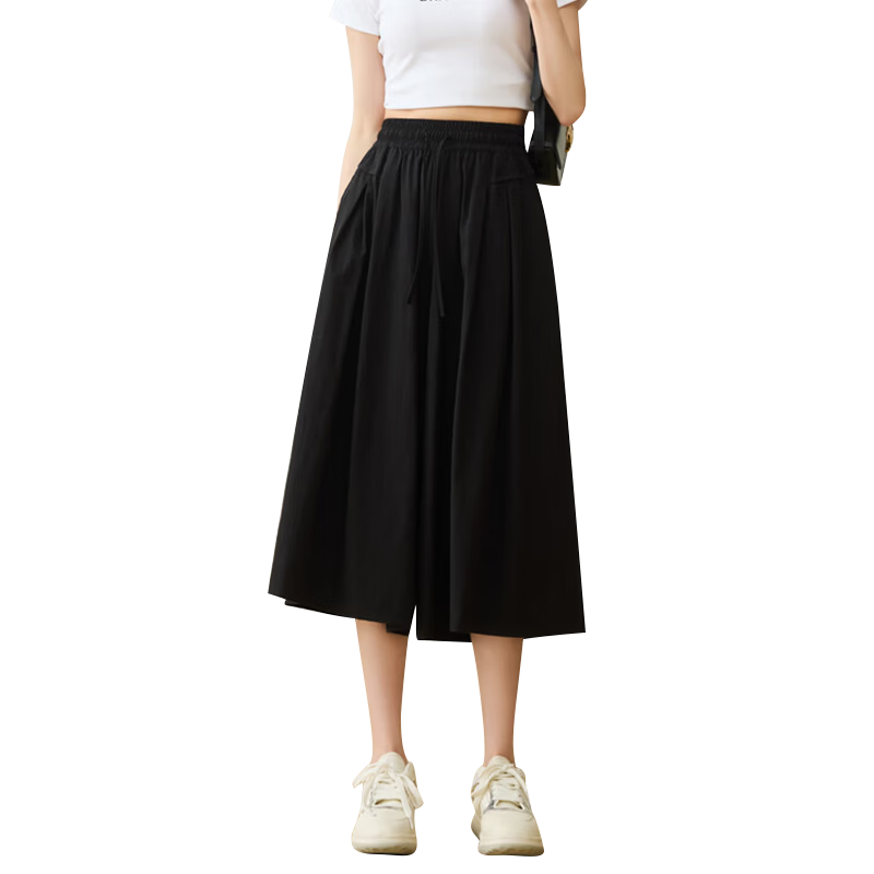 Langsha Ice Silk Quick-Dry Wide-Leg Cropped Pants for Women, Summer 2026 Thin High-Waist Slimming Mid-Length Pants, Draping Casual Skirt Shorts
