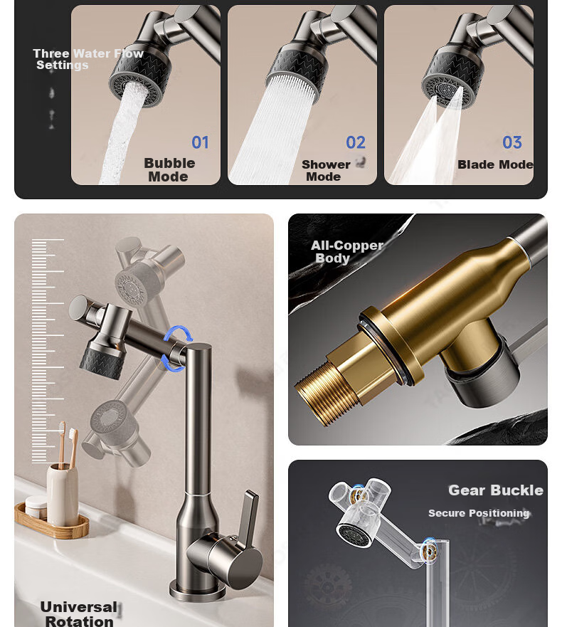 Baihan All-Copper Thickened Washbasin Faucet Bathroom Mechanical Arm Basin Universal Rotatable Hot and Cold Dual-Control Faucet 4