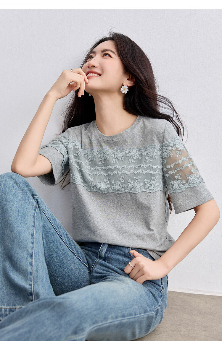 Shangdu Bila Cotton Spliced Lace Trim Round Neck Short Sleeve T-Shirt Women Summer Slim Straight Top Elegant Temperament Women's Wear 11