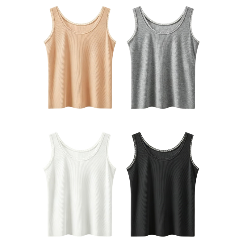 Langsha Women's Summer Soft Cotton Lace Vest Jacquard Vertical Stripe Breathable Slim Fit Base Shirt