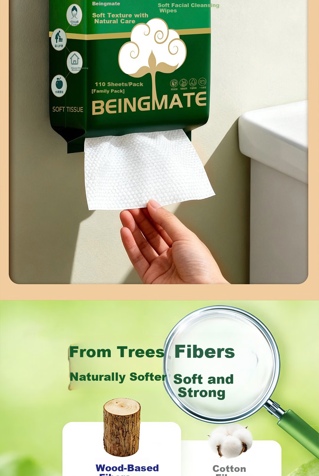 Beingmate Hanging Facial Towel 110 Sheets*3 Packs Extra Large Thick Disposable Face Cleaning Soft Cotton Hanging Pull-Out Towels 4
