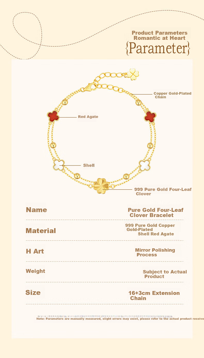 Grace Girl Luxury 999 Pure Gold Four-Leaf Clover Agate Bracelet Children's Day Birthday Gift for Girlfriend 9