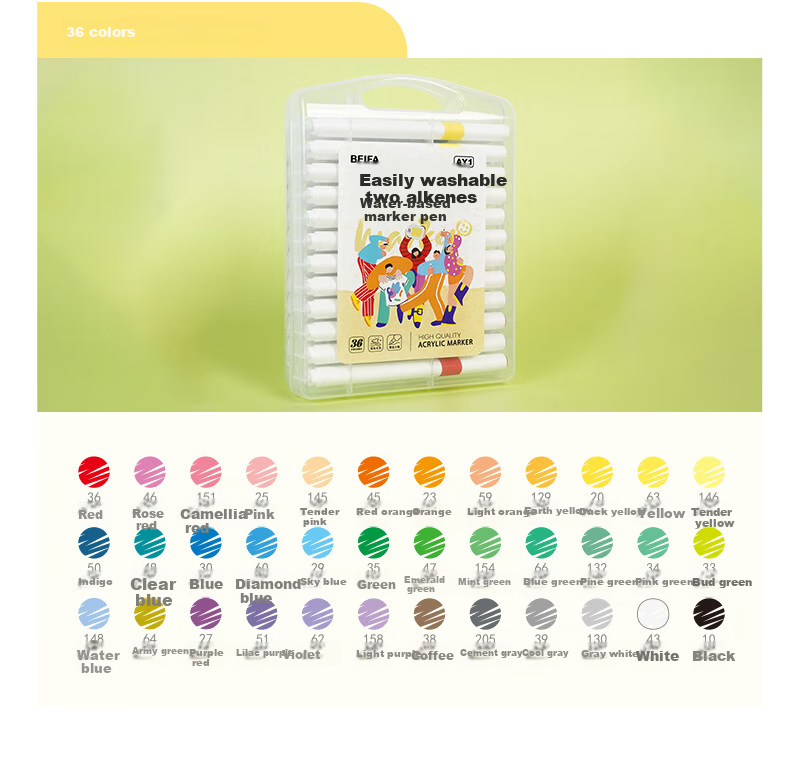 BEIFA 24-Color Acrylic Markers Triangular Barrel Markers Children's Watercolor Pens Drawing Coloring Art Kids Gift Back to School Essential 12