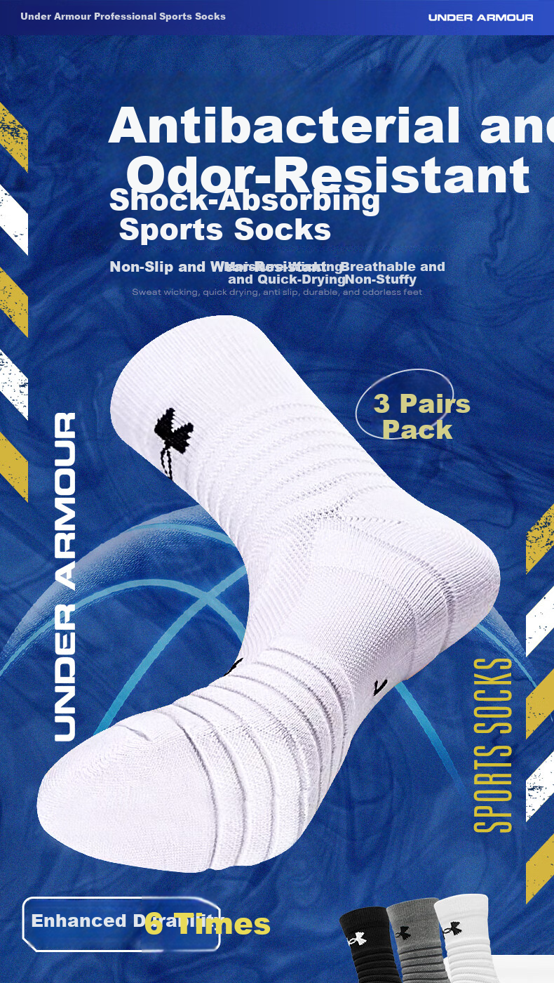 Under Armour (3 Pairs) Basketball Socks Mid-Calf All-Season Sweat-Absorbing Durable Breathable Odor-Resistant White Sports Socks 2