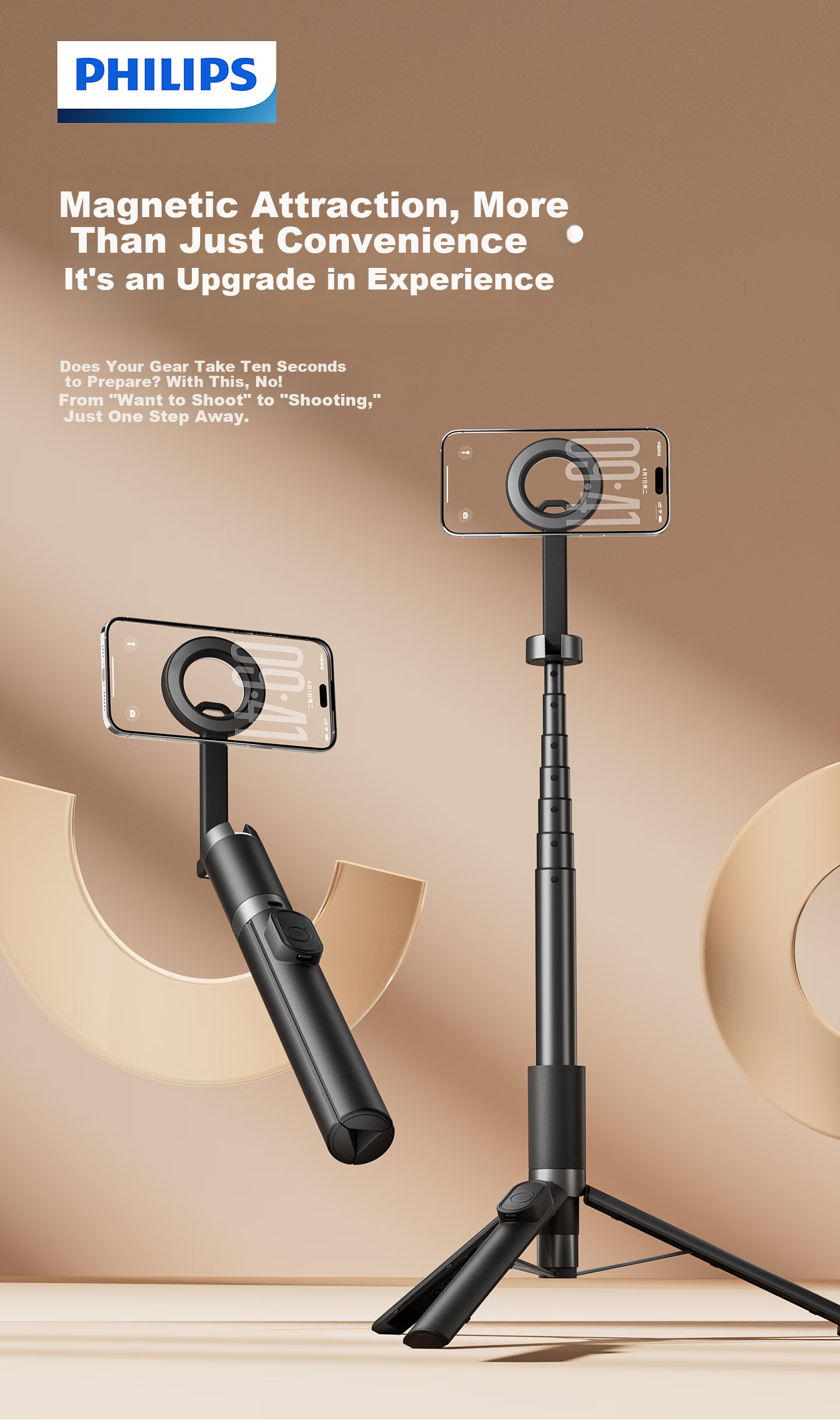 Philips Magnetic Phone Selfie Stick Portable Travel Selfie Tool Outdoor Vlog Live Streaming Photography Universal Accessory MagSafe Magnetic Rotating Anti-Shake Tripod 5319 1