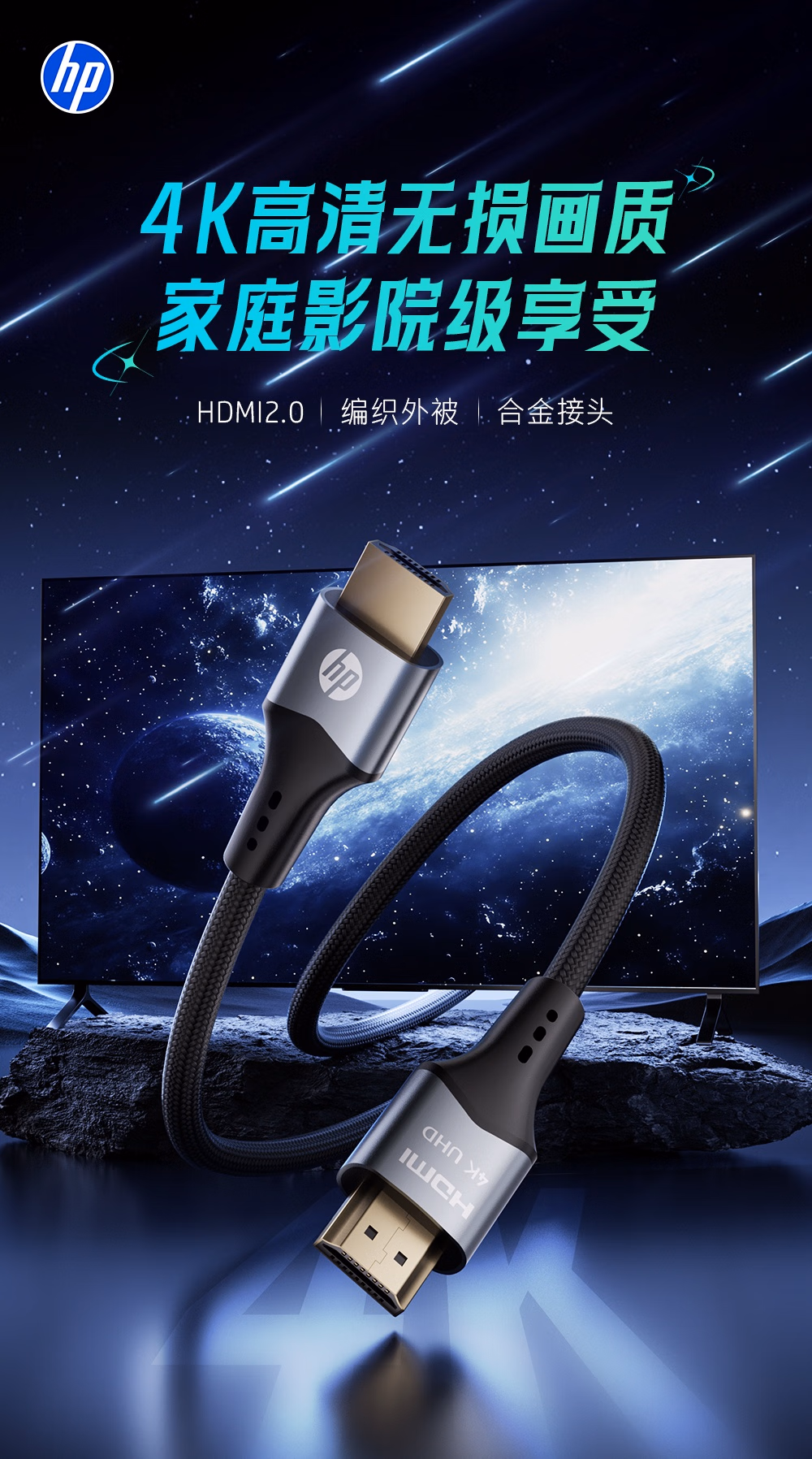 HP HDMI 2.0 High-Speed Cable 4K for TV Set-Top Box Computer Monitor Projector Data Cable DHC-HD01b-XXMHDMI 2.0 Braided - 1.5m 1