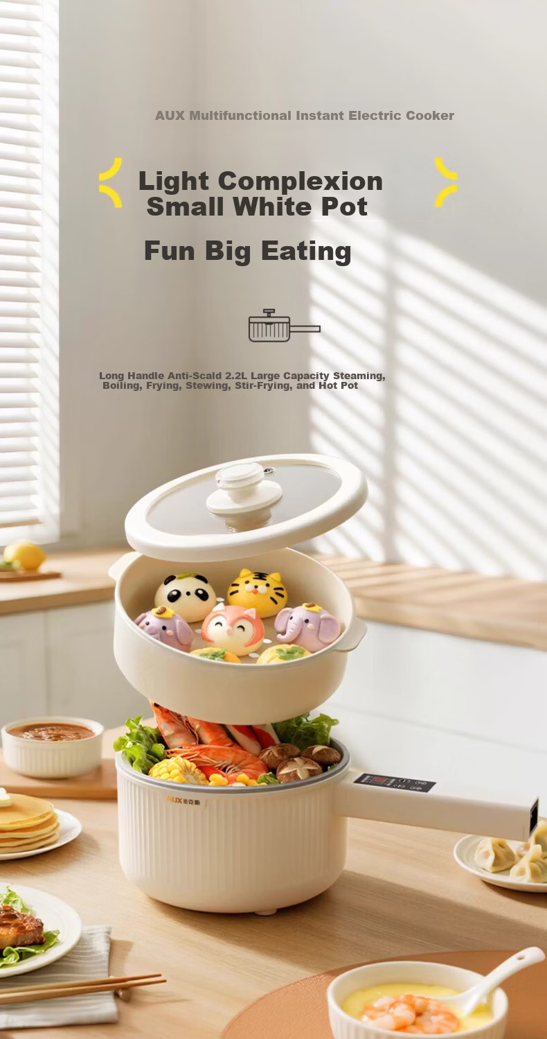 AUX Electric Cooking Pot Multi-Functional Small Hot Pot 2.2L Student Dormitory All-in-One Noodle Cooker Stew Rice Pot DR226 Titanium Coating + Steamer Basket 2