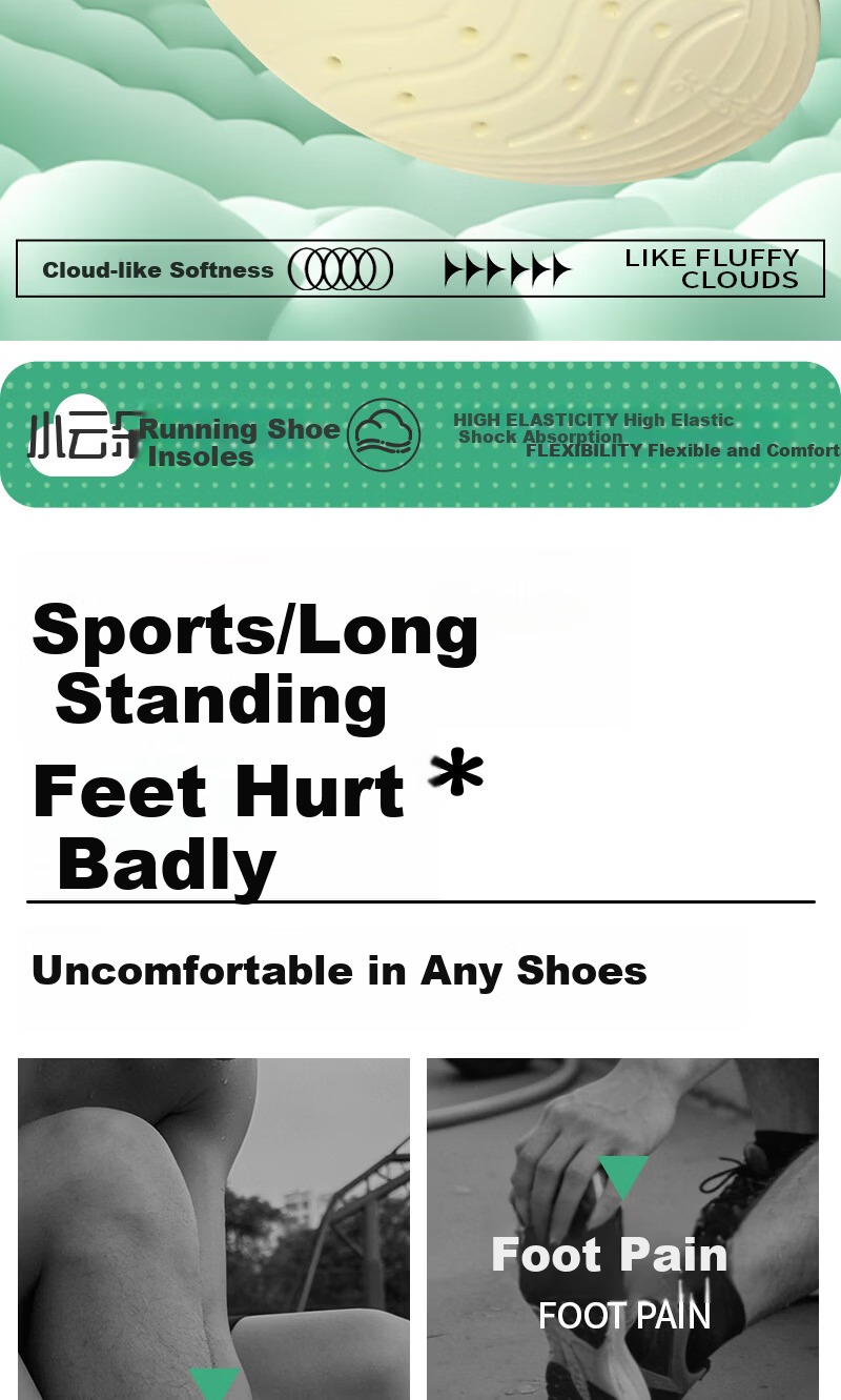 Vitality Rebound Small Cloud Insole Soft Elastic Sports Antibacterial Deodorant Shock Absorption Breathable Sweat-Absorbing Men's Long-Standing Fatigue Relief Military Training Women's Green 39-40 3