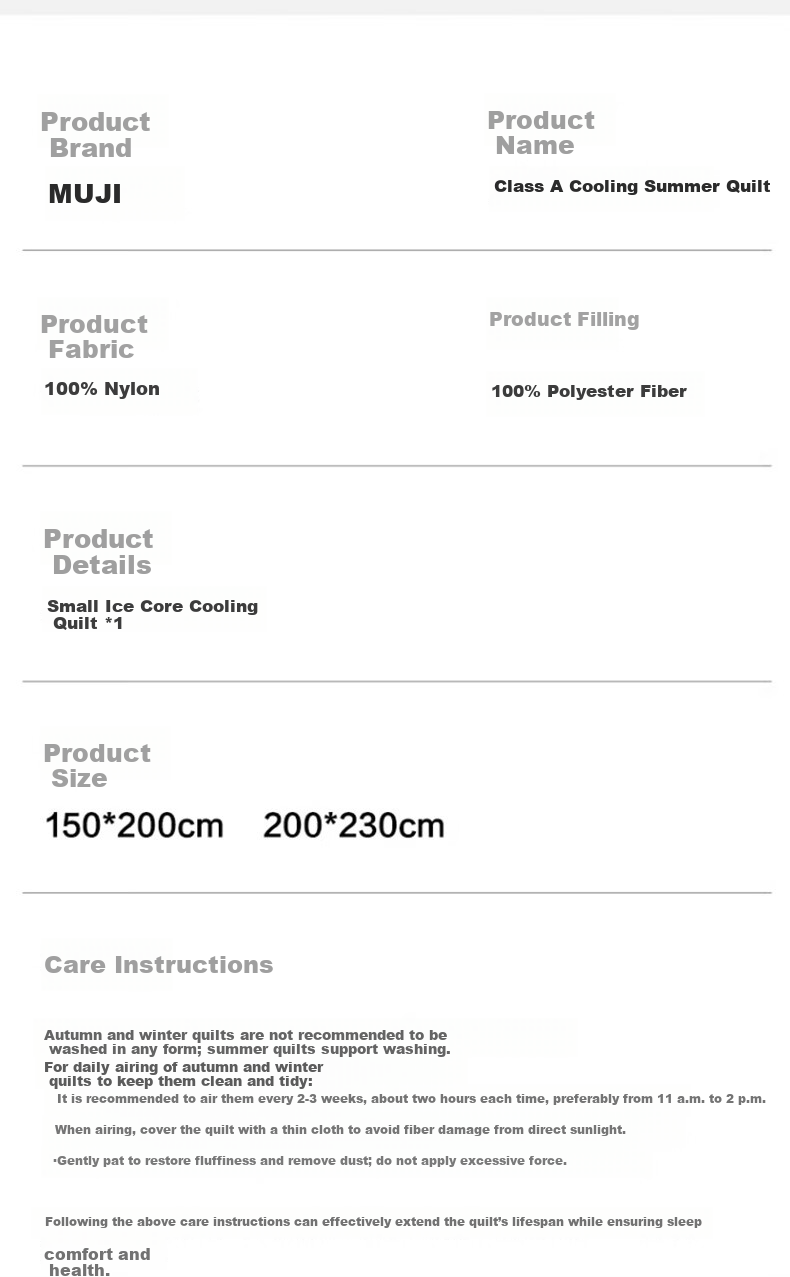 MUJI Class A Summer Quilt Machine Washable Thin Quilt Core Deep Sleep Temperature Control Cooling Air Conditioning Quilt Double 150*200cm 10