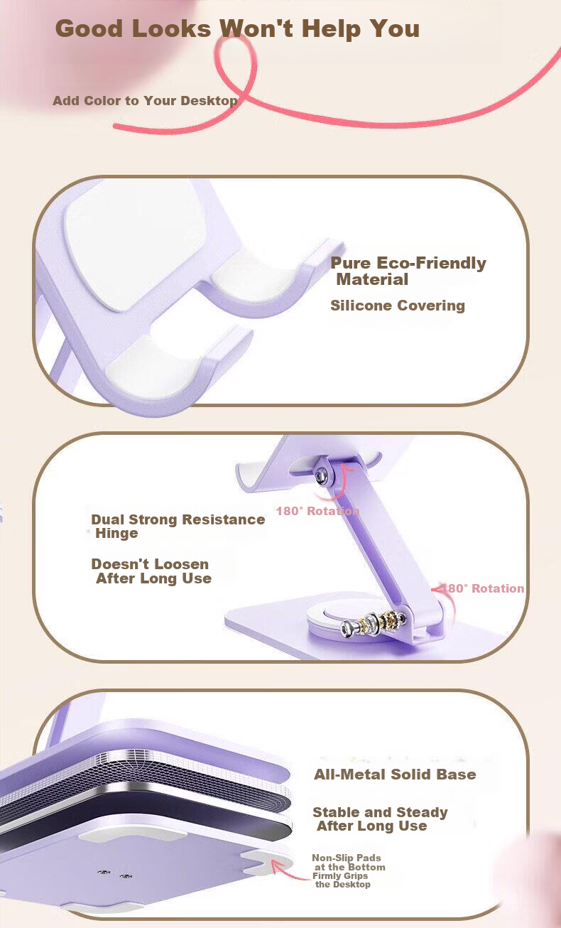 Sihuan Ke 360° Rotatable All-Metal Desktop Phone Stand Adjustable Foldable Multifunctional Dopamine Holder for Mobile Phones and Tablets iPad 1