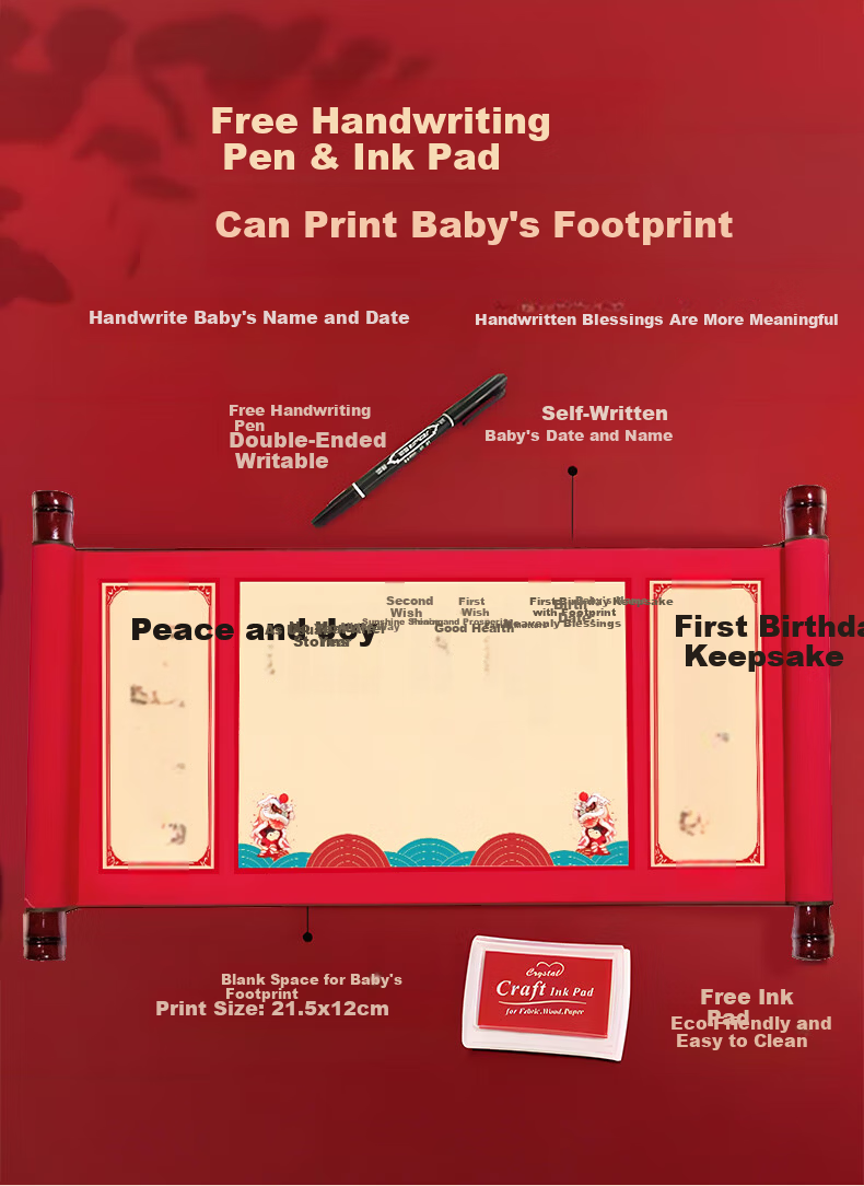 Domeyi First Birthday Decoration Complete Set with Hand and Footprint Scroll Baby 1st Year Hundred Days Commemorative Gift 2