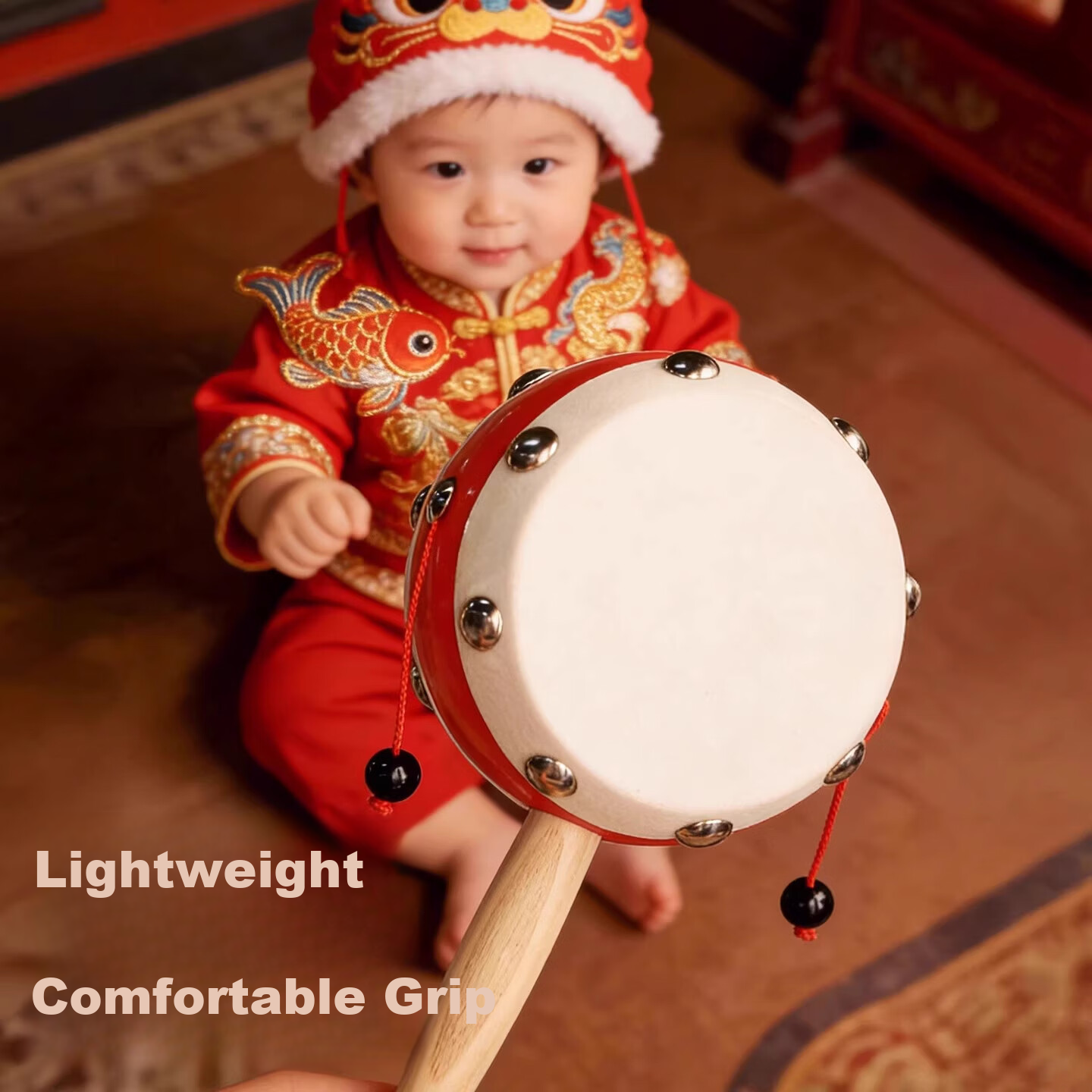 Traditional Chinese Style Double-Sided Sheepskin Rattle Drum Baby Toy 0-1 Year Early Education Handheld Rattle 4