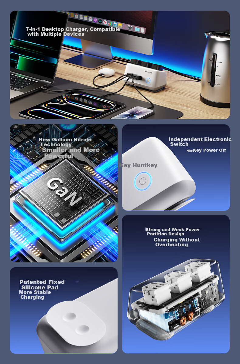 Huntkey Desktop Charging Station Multifunctional Fast Charge Socket 100W GaN Charger Station Desktop Power Strip Compatible with Apple Huawei Phones Laptops Charging Hub High Power W100 2