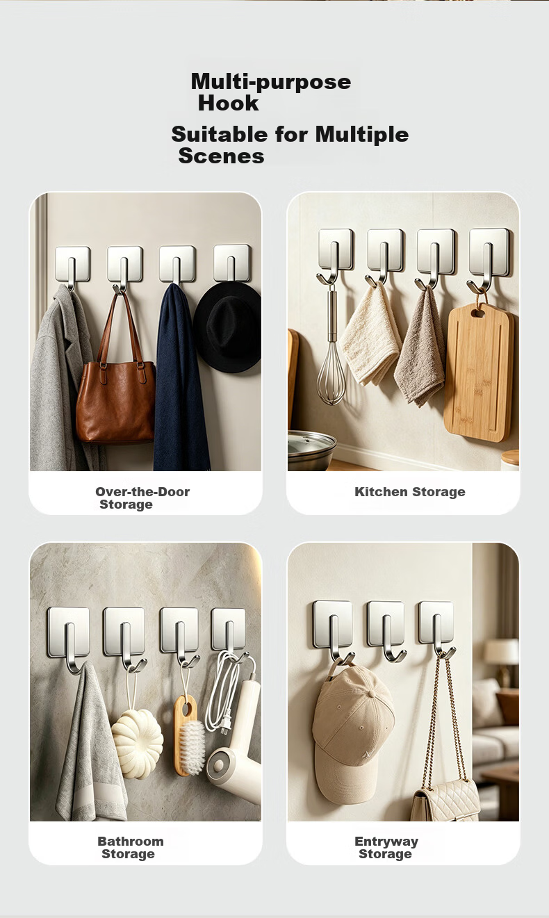Baoshi Stainless Steel Hooks 10-Pack, No-Drill Strong Adhesive Hooks for Kitchen, Heavy-Duty Wall-Mounted Clothes Hooks 6