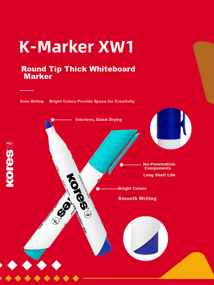 KORES European Imported Colossus Thick Erasable Colored Whiteboard Markers Large Capacity Red Blue Green Black Board Markers Writing Drawing Pens for Children and Teachers Non-Toxic Round Tip Black 4- 5