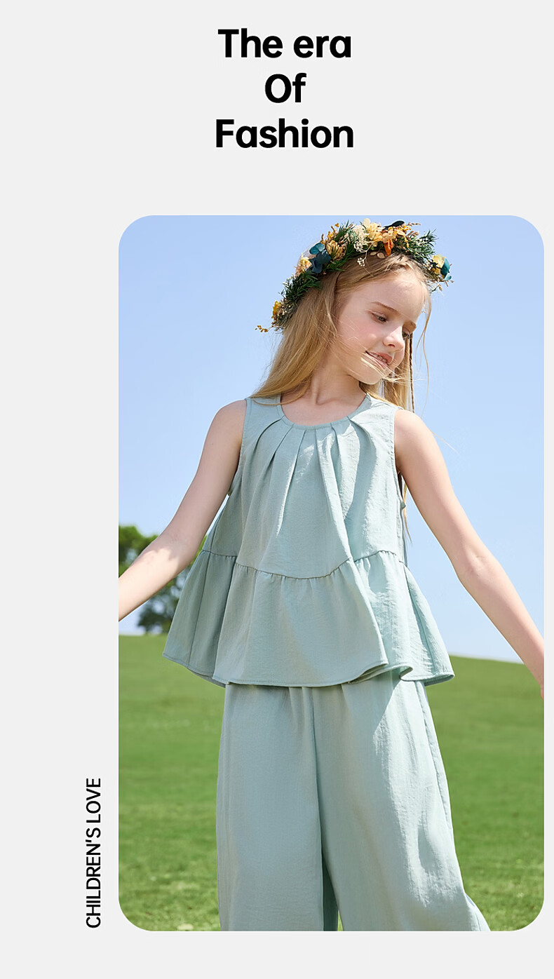 ASK JUNIOR Girls' Summer Set Youth Sleeveless Tank Top and Straight Wide-Leg Pants Two-Piece Green 170 27