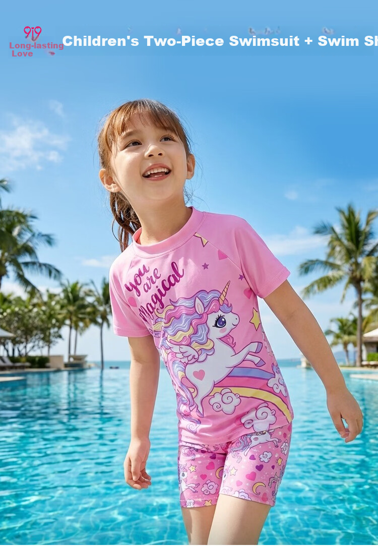 9i9 Kids Two-Piece Swimsuit Girls Swim Shorts Cartoon Sun Protection Quick-Dry Surfing Baby Hot Spring Set B157 Unicorn L 2