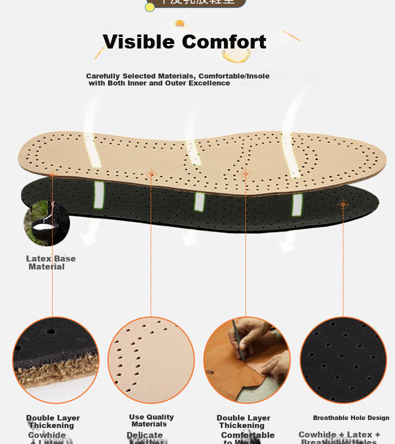 Huabaochi 2 Pairs Leather Insoles Men Breathable Sweat-Absorbing Odor-Resistant Genuine Cowhide Soft Latex Thin Summer Women's Shoe Insoles 5