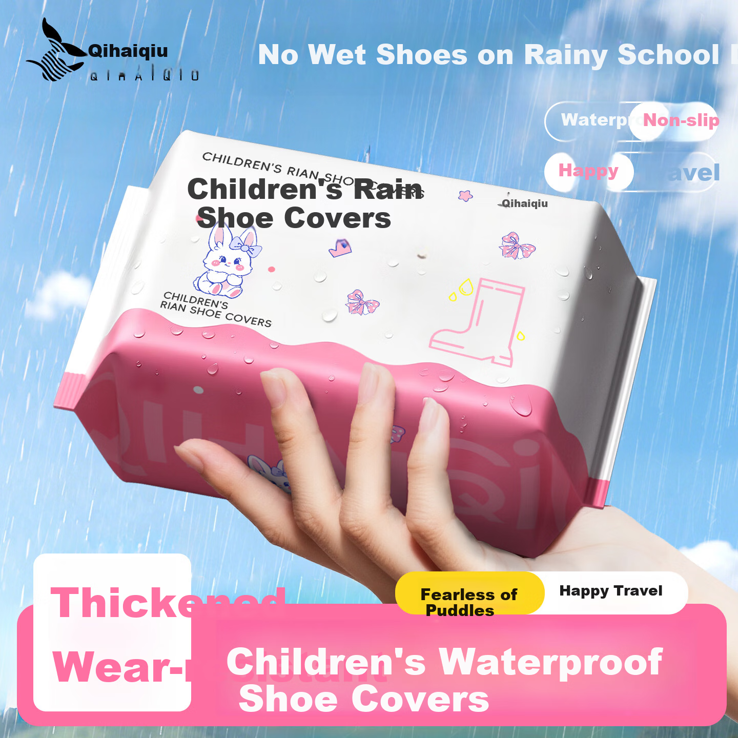 Qihaiqiu Disposable Rain Shoe Covers 6pcs Children's Long Waterproof Thickened Wear-Resistant Non-Slip Rain Boots Cute Cartoon Rabbit