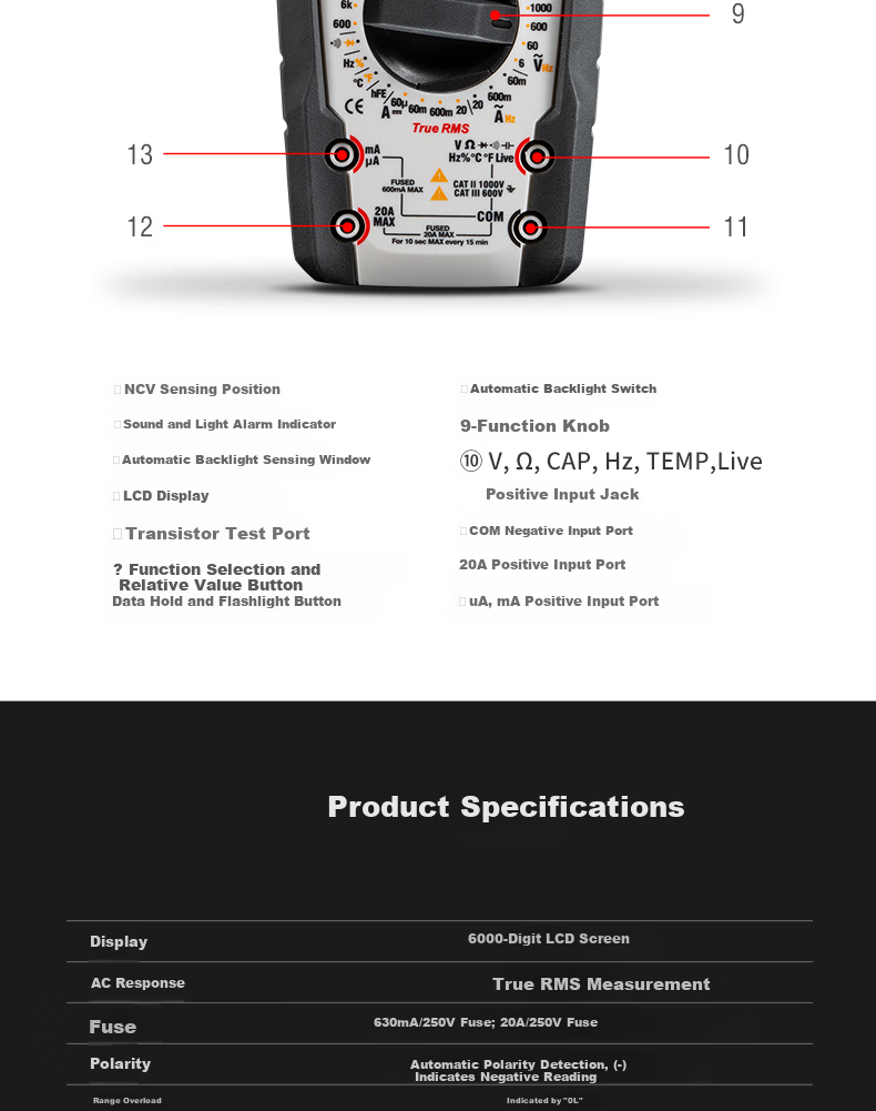 Hua Sheng Chang CEM Digital Multimeter DT-8908D High-Precision Anti-Burn Electrician Multimeter with Backlight, Digital Display, Temperature Measurement, True RMS Ammeter 8