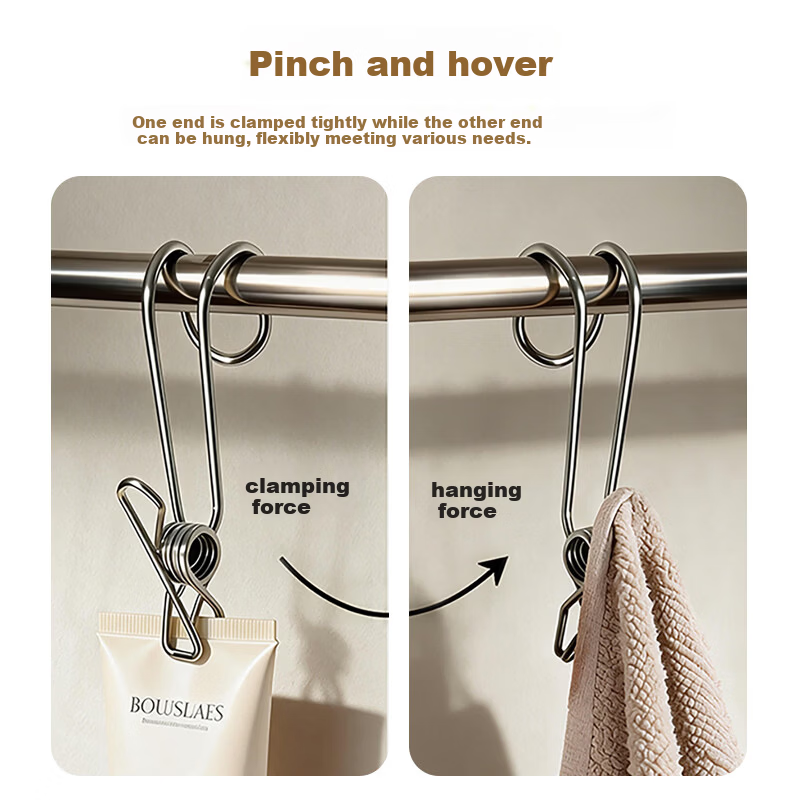 Bingyou 304 Stainless Steel Clothes Peg Long Tail Hook Clip Steel Wire Clip Multi-Functional Windproof Clothes and Socks Clip