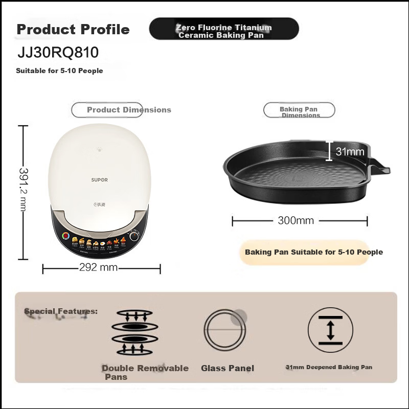 SUPOR Electric Griddle 0 Fluorine Titanium Ceramic Removable Upper and Lower Plates Double-Sided Heating Pancake Maker Breakfast Grill Antibacterial Coating JJ30RQ810