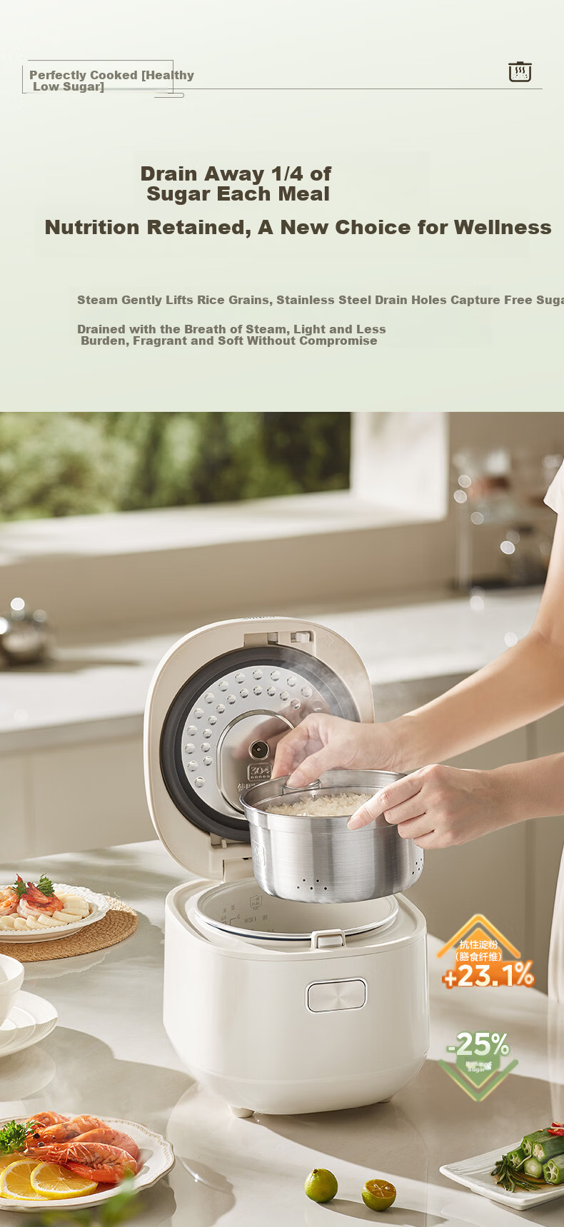 Midea Low-Sugar Rice Cooker 2L Rice and Soup Separation Double Heating Non-Stick Fluorine-Free Inner Pot Multifunctional Small Rice Cooker for 1-3 People MB-RC207L 2