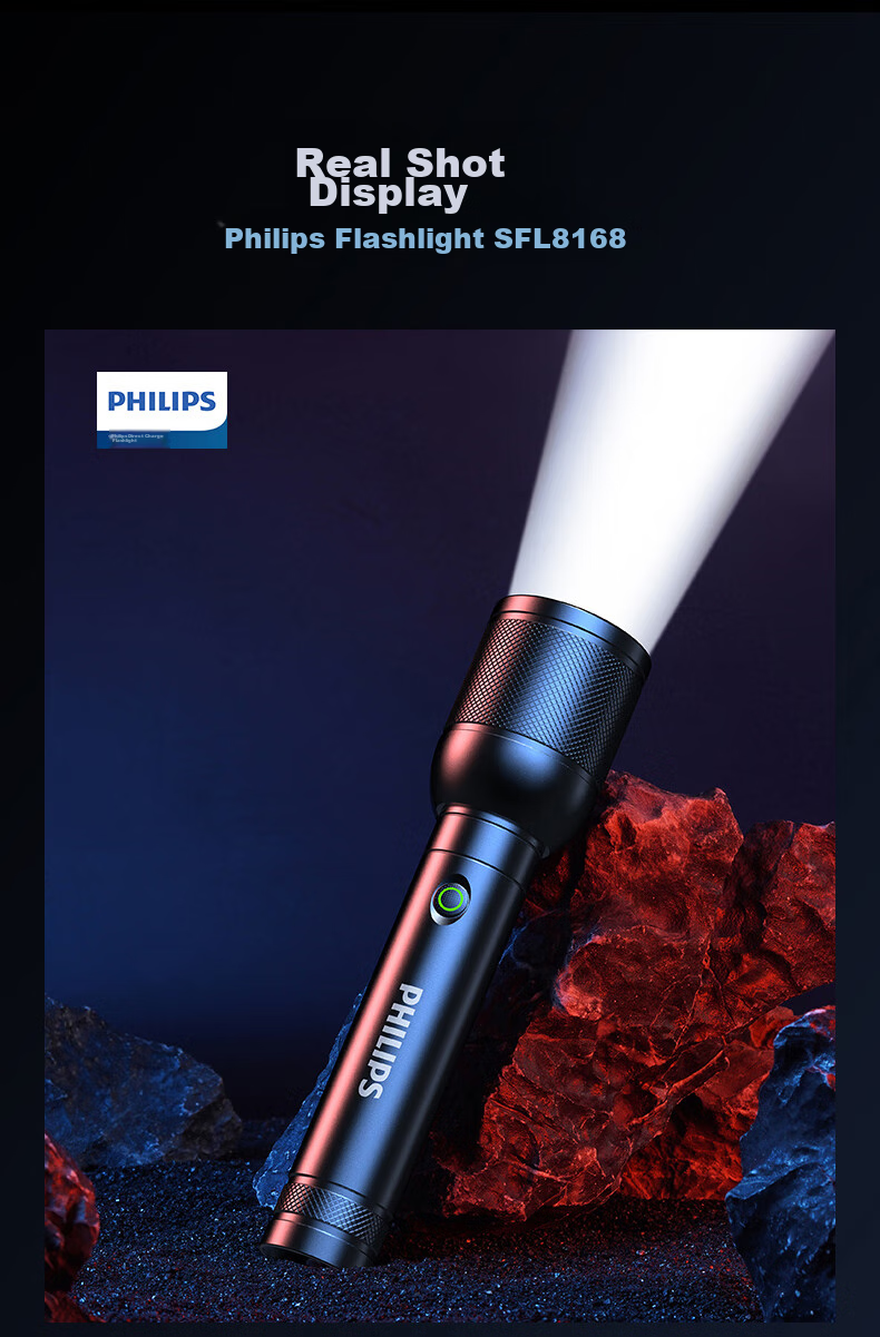 PHILIPS Flashlight, High Brightness, Long-Range, Long Battery Life, Camping Light, Ultra-Bright, Zoomable, Laser, Rechargeable, Portable, Emergency, SFL8168 16