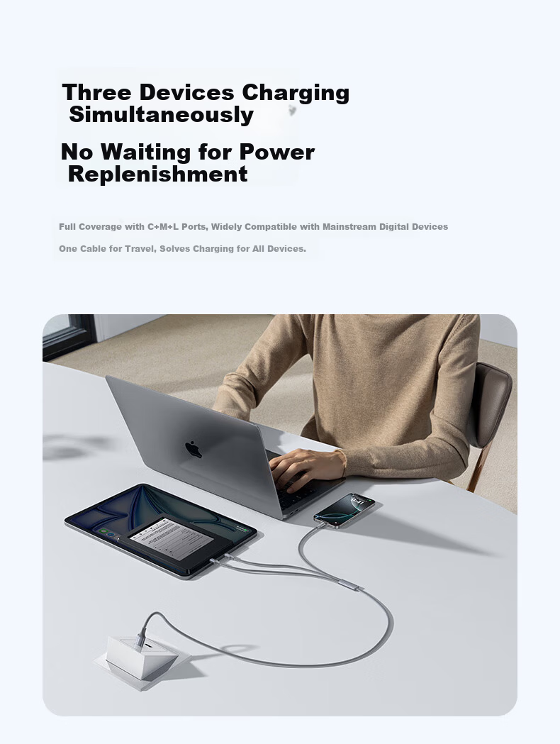 Baseus 3-in-1 Braided Charging Cable Type-C Apple Android 3.5A Fast Charge Multi-Device Cable for iPhone 17/16/15 Xiaomi Huawei Honor 1.2m Gray 5