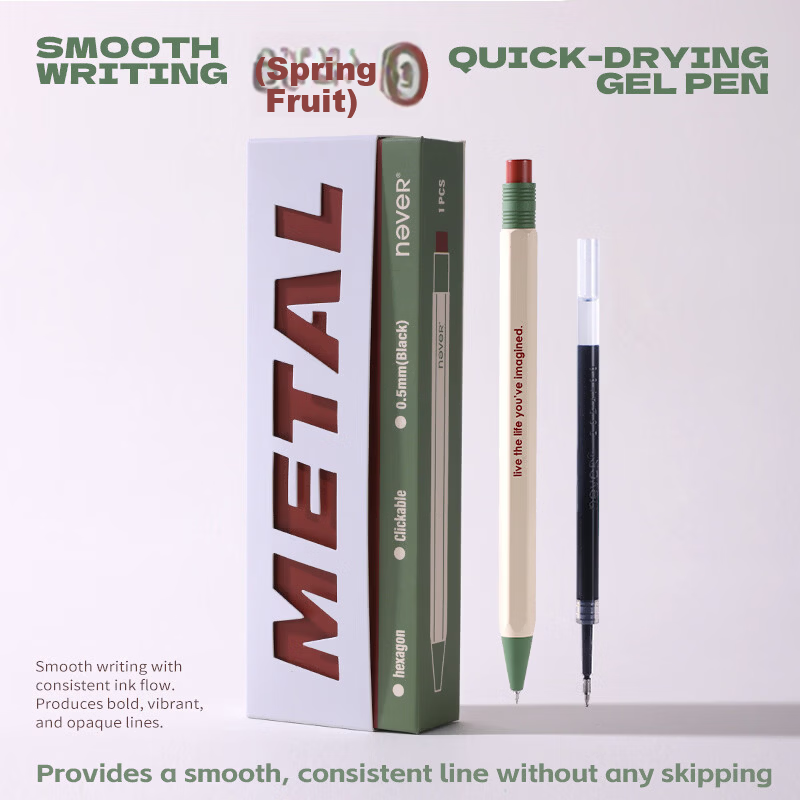 Never Hexagonal Metal Pen Magnetic Gift Box Premium Business Signature Pen Industrial Style Quick-Dry Gel Pen Spring Fruit [Metal Pen*1 + Refill*1]