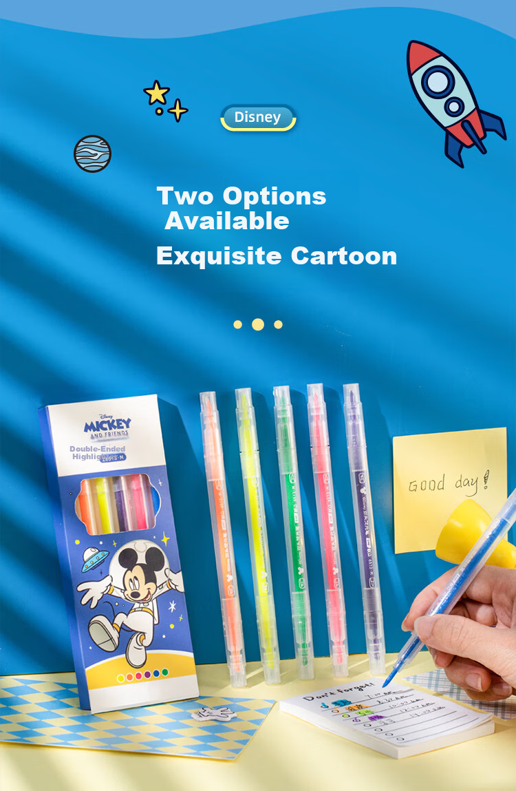 Disney Double-Ended Highlighter Pens 6 Colors Mickey Stationery for Elementary Students Exam Review Colorful Markers 6