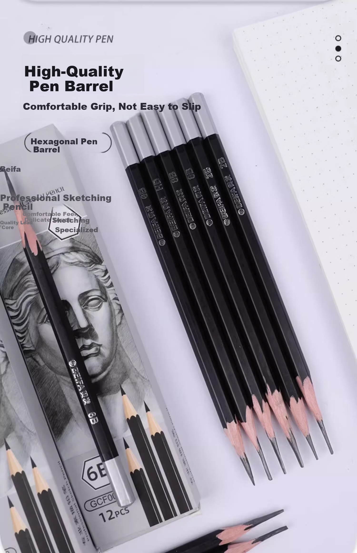 BEIFA Sketch Pencil 2B Drawing Pencil Beginner Charcoal Pencil HB 4B 6B 8B Art Supplies Drawing Set 2B 12pcs/Set Back to School Essential 5