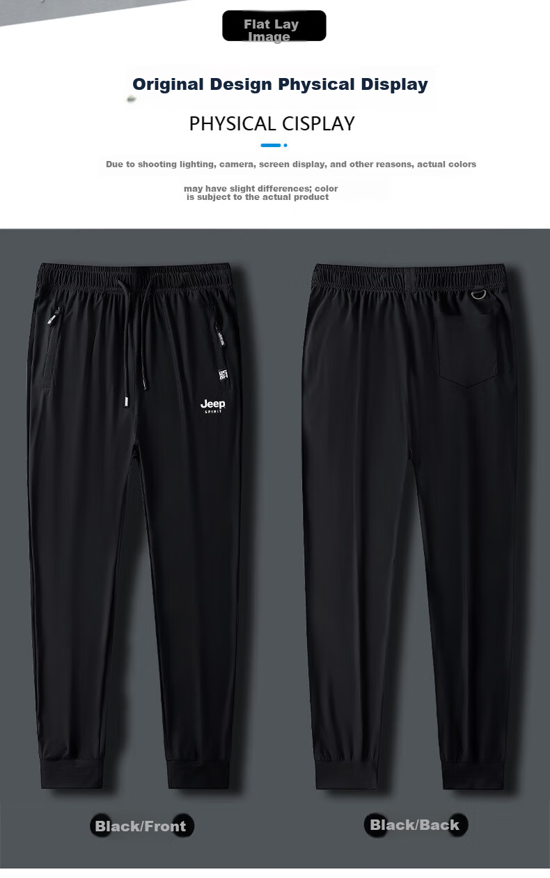 JEEP Men's Summer Casual Ice Silk Thin Lightweight Sports Pants Large Size Stretch Straight Leg Black Joggers L 14