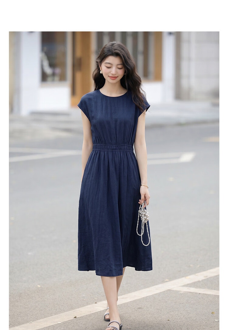 Demana [Elegance Companion] Summer Commuter Style Round Neck High Waist Cap Sleeve Lightweight Draped Mid-Length Women's Dress 3