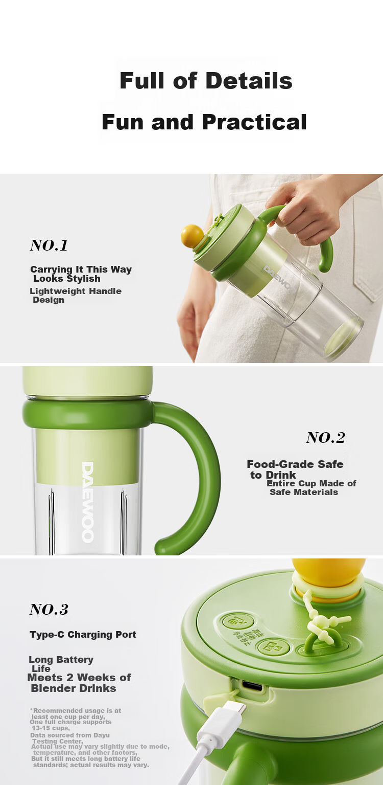 DAEWOO Wall-breaking Light Food Cup 618 Price Protection Wireless Slimming Fruit and Vegetable Cup Portable Juicer Juice Cup Travel Cup 500ml Large Capacity Baby Food Processor ZB15-BCL 19