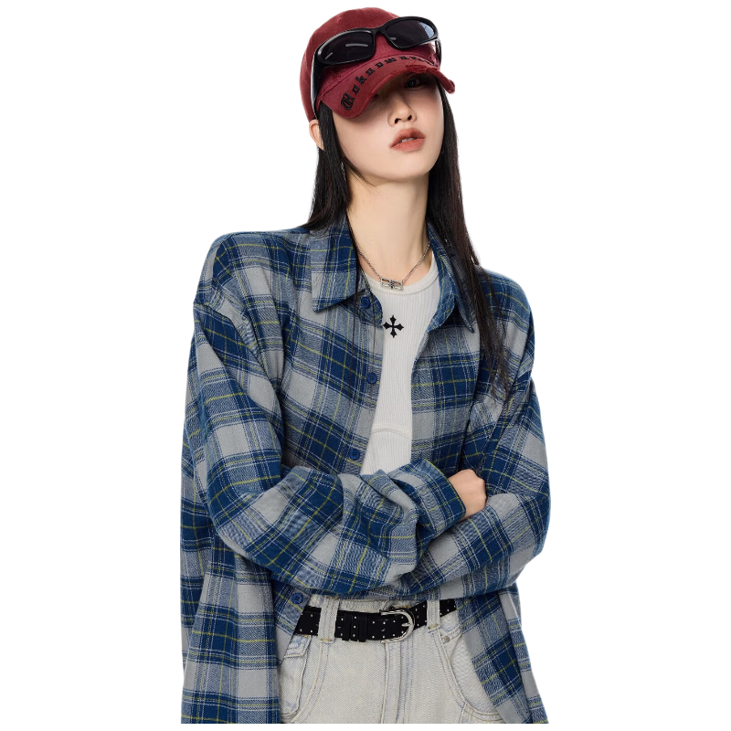 ICH MODE Women's American Style Blue Plaid Shirt Spring New Loose Casual Long Sleeve Shirt Jacket Top Blue XL