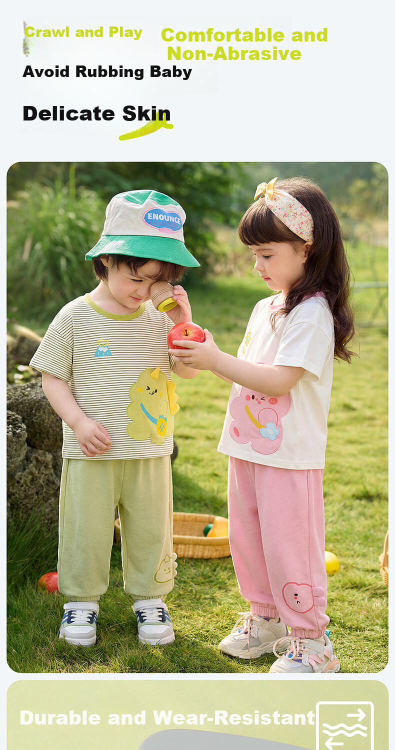 Dudu Kids Cartoon Summer Set Baby Skin-Friendly Two-Piece Boys T-Shirt Girls Mosquito-Proof Pants Green Stripes 100 10