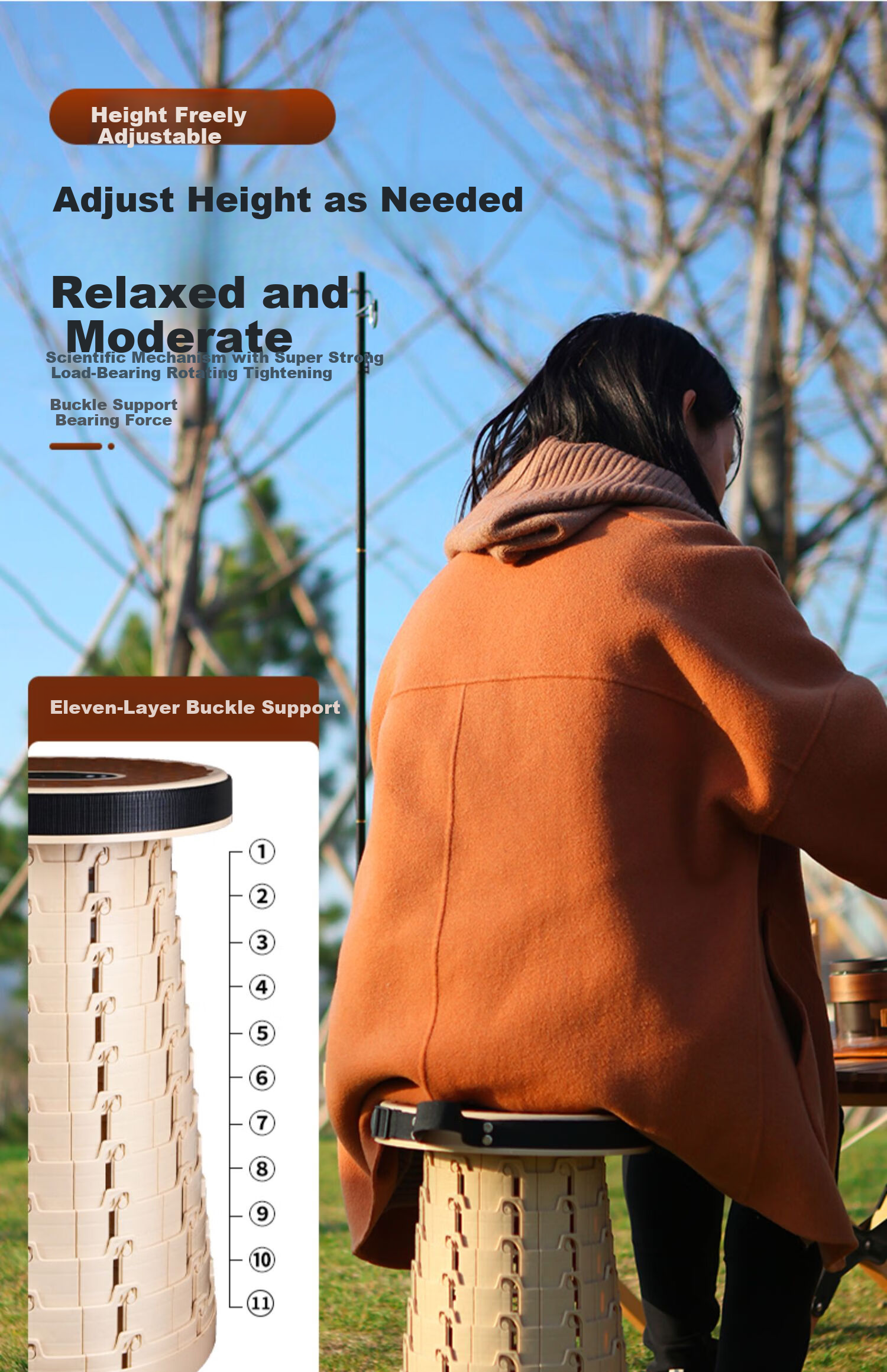 Haoer Outdoor Telescopic Stool Portable Folding Stool Fishing Travel Subway Soft Cushion Adjustable Small Stool Khaki 5