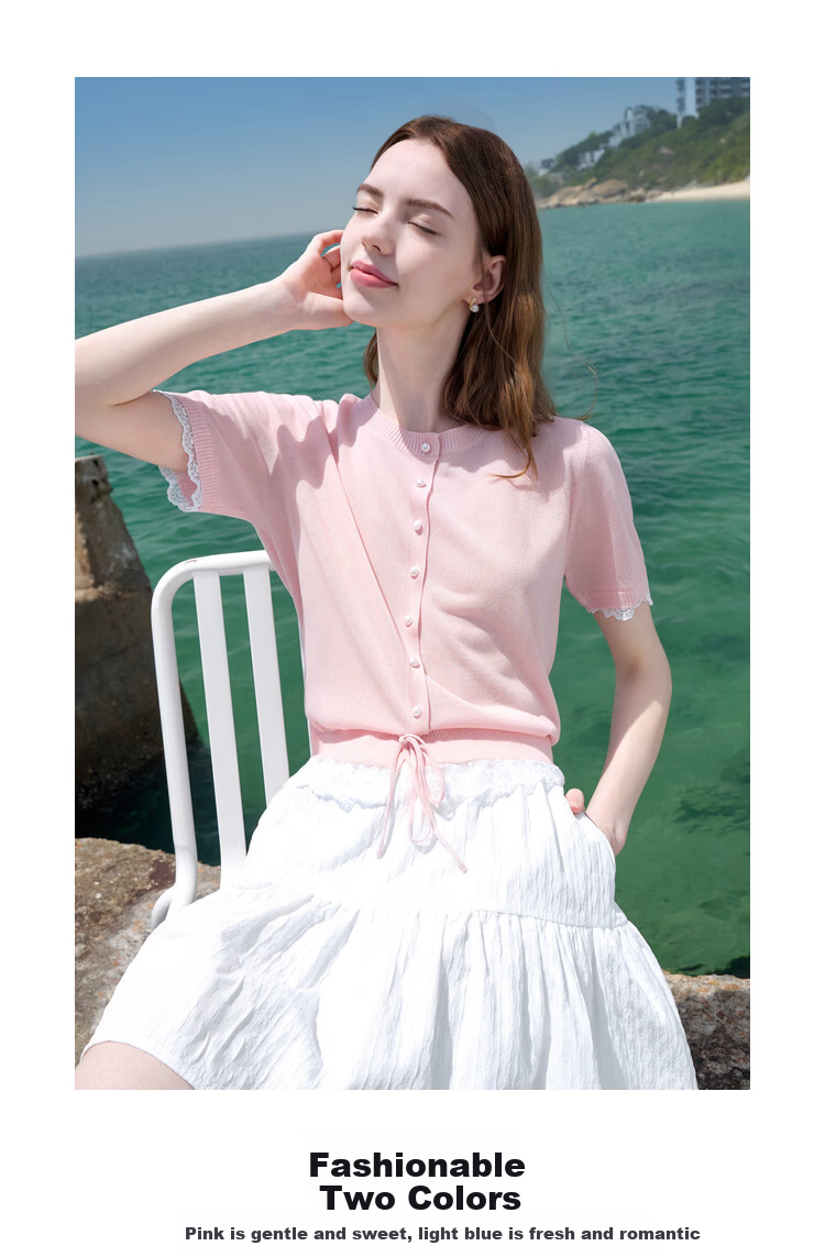 Baitu Women's Summer New Lacy Trim Lyocell Cool Knit Sweater 2505X23 4
