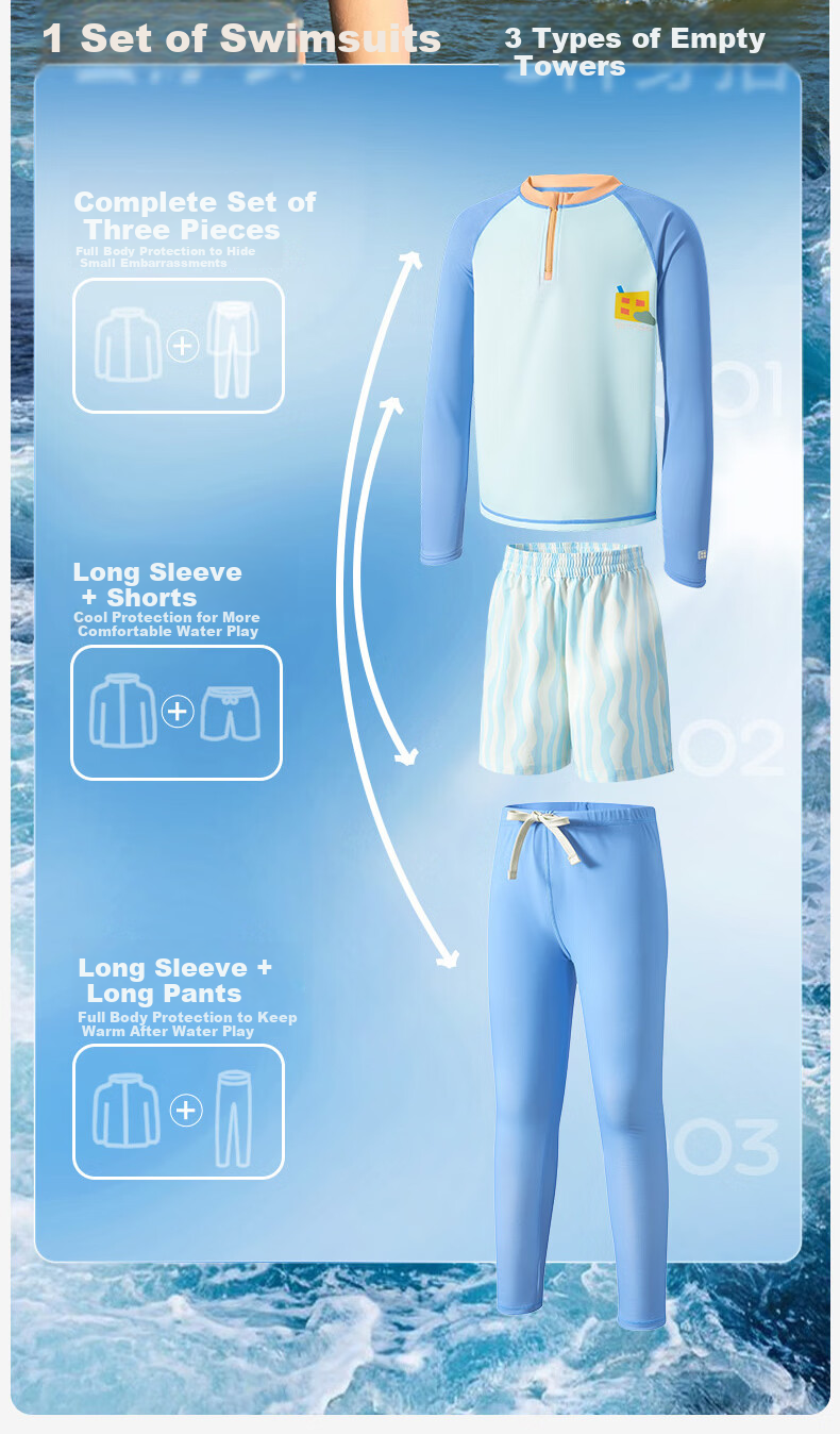 Kocotree KK Tree Kids Swimwear Original Yarn Sun Protection Boys and Girls Two-Mode Wet and Dry Split Swimsuit Long Sleeve Island-Level Three-Piece Set 11